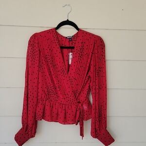 Express Red Wrap Blouse with Black Heart Pattern